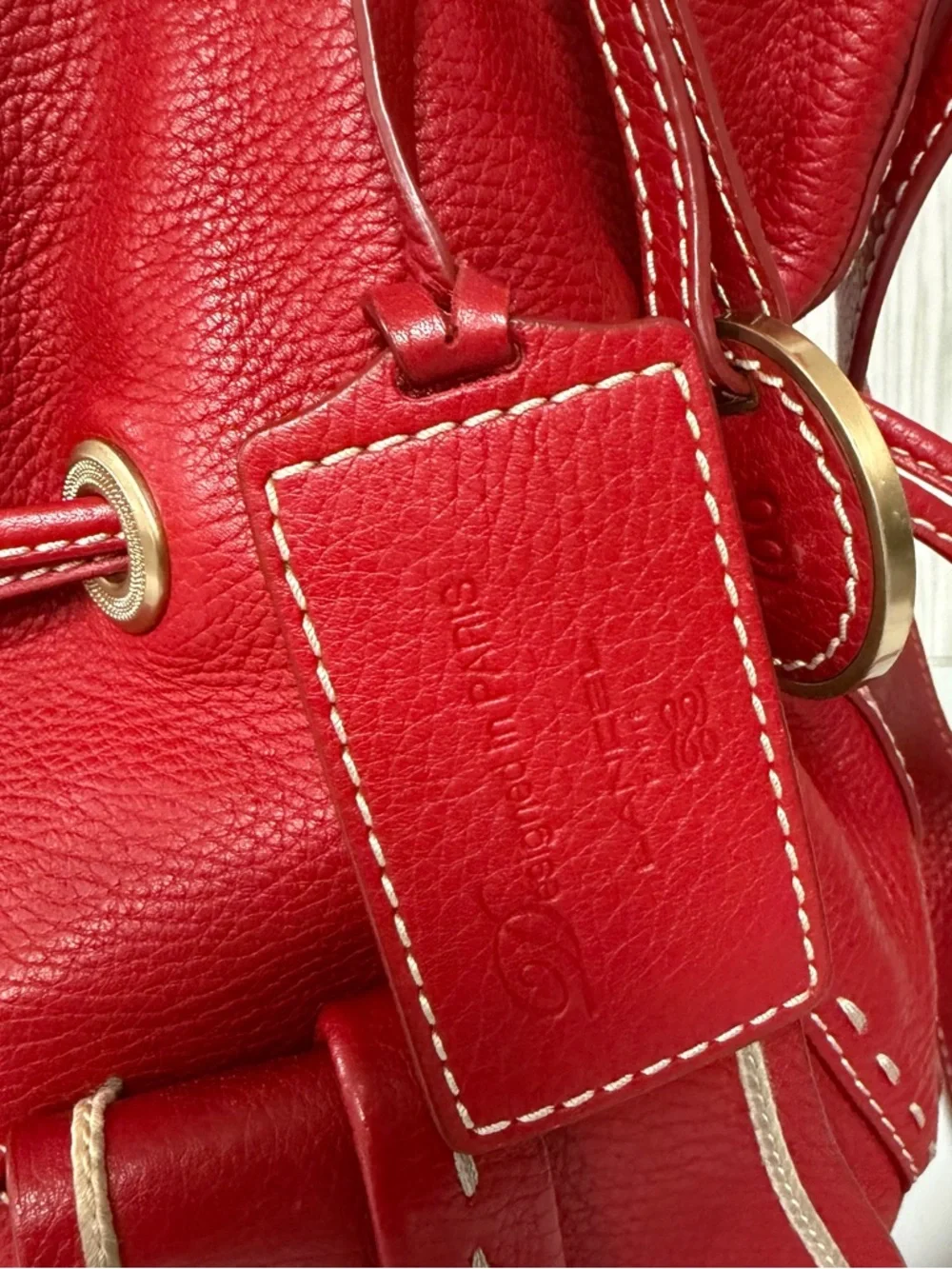 Lancel Red Pebbled Leather Shoulder Bag with Tassel Details - Picture 5 of 13